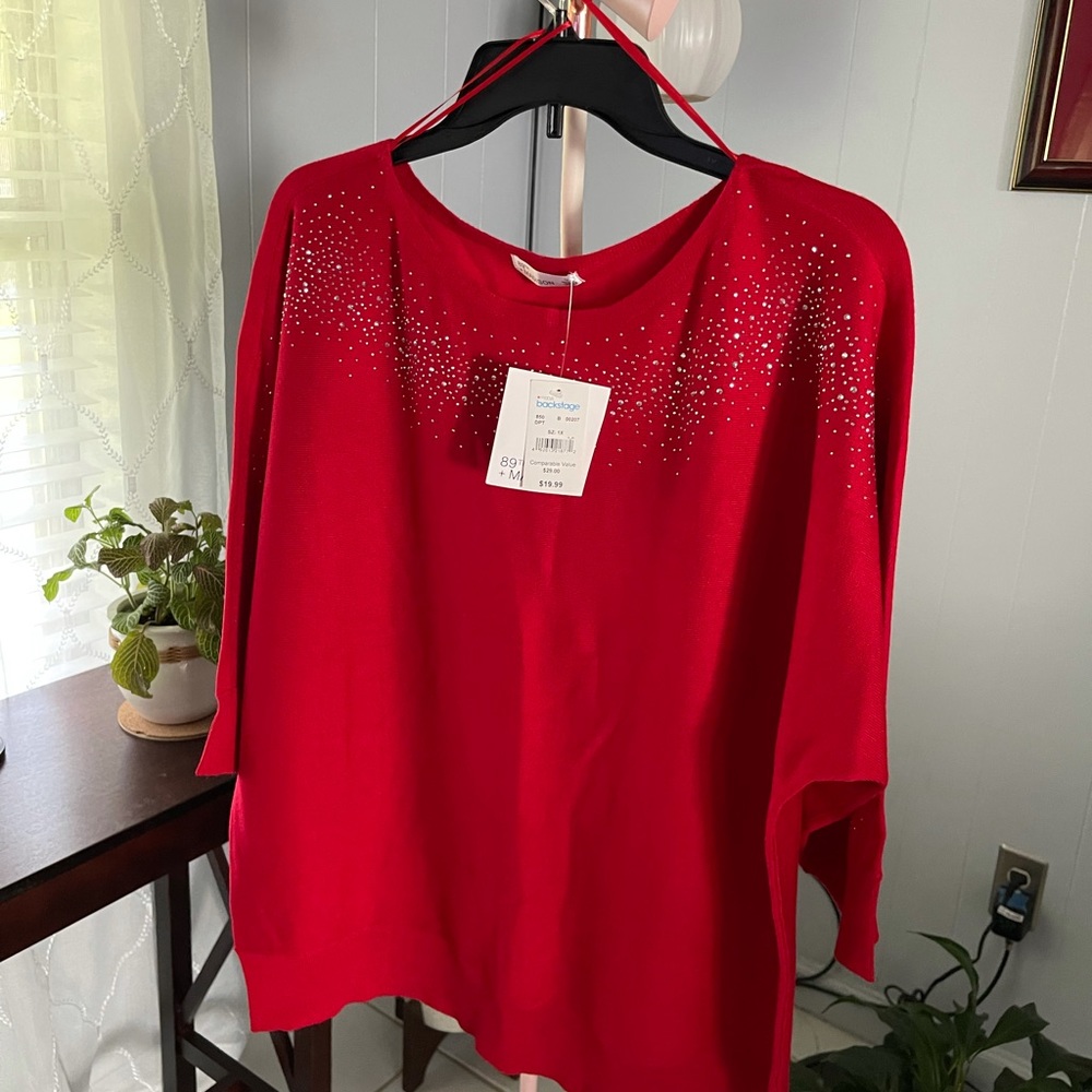 89th + Madison NEW Red rhinestoned crewneck